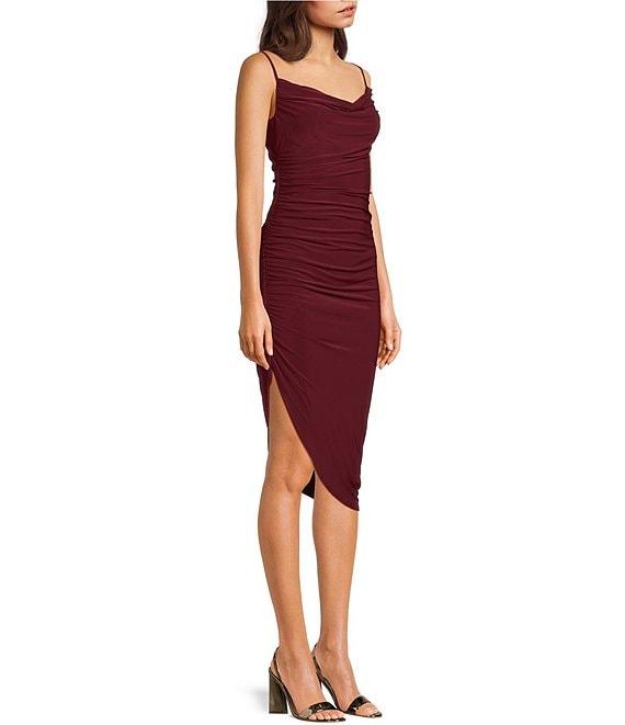 B. Darlin Cowl Neck Shirred Asymmetric Hem Knee Length Dress Product Image