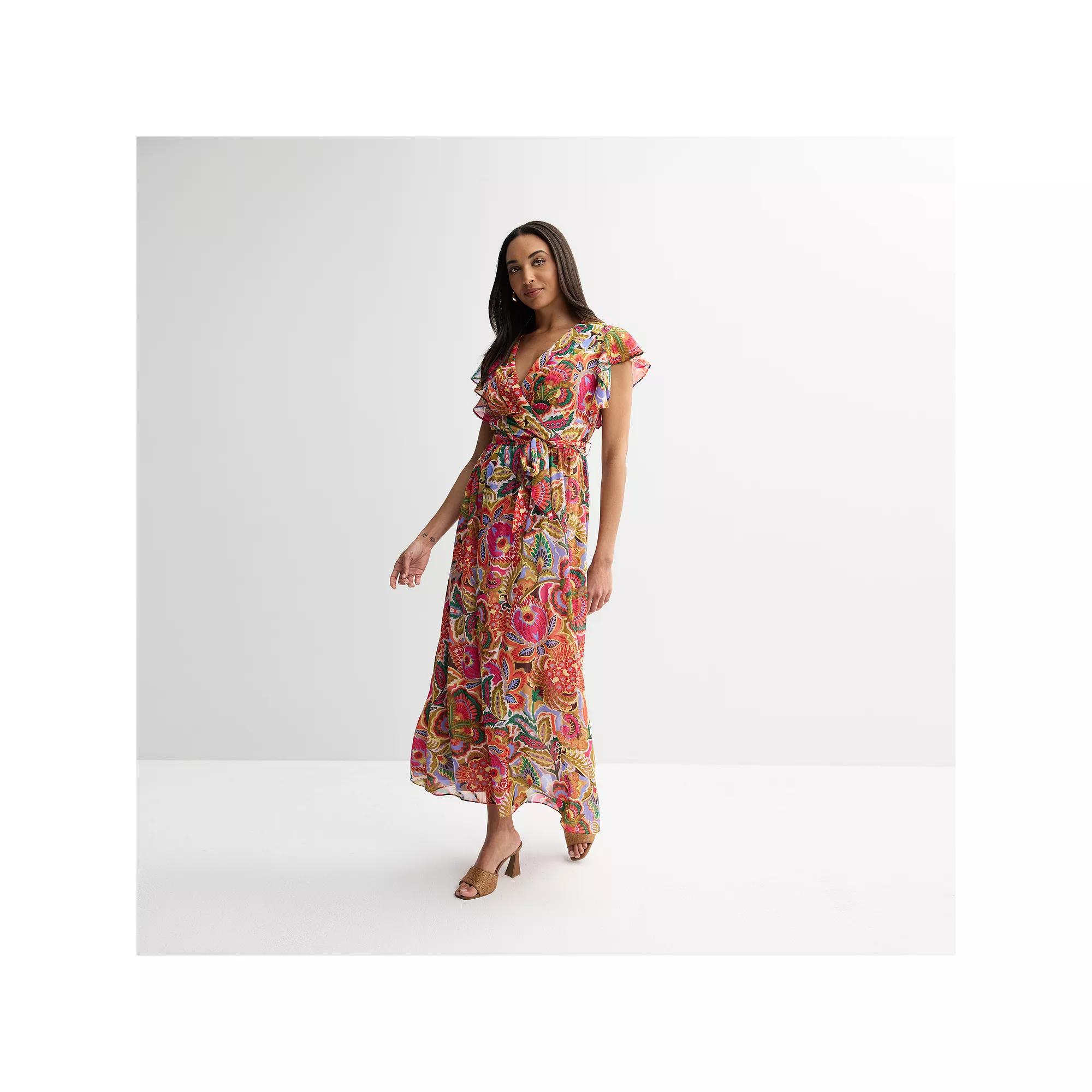Women's Donna Ricco Flutter Sleeve V-Neck Tie Waist Maxi Dress, Size: 12, Multi Print Product Image