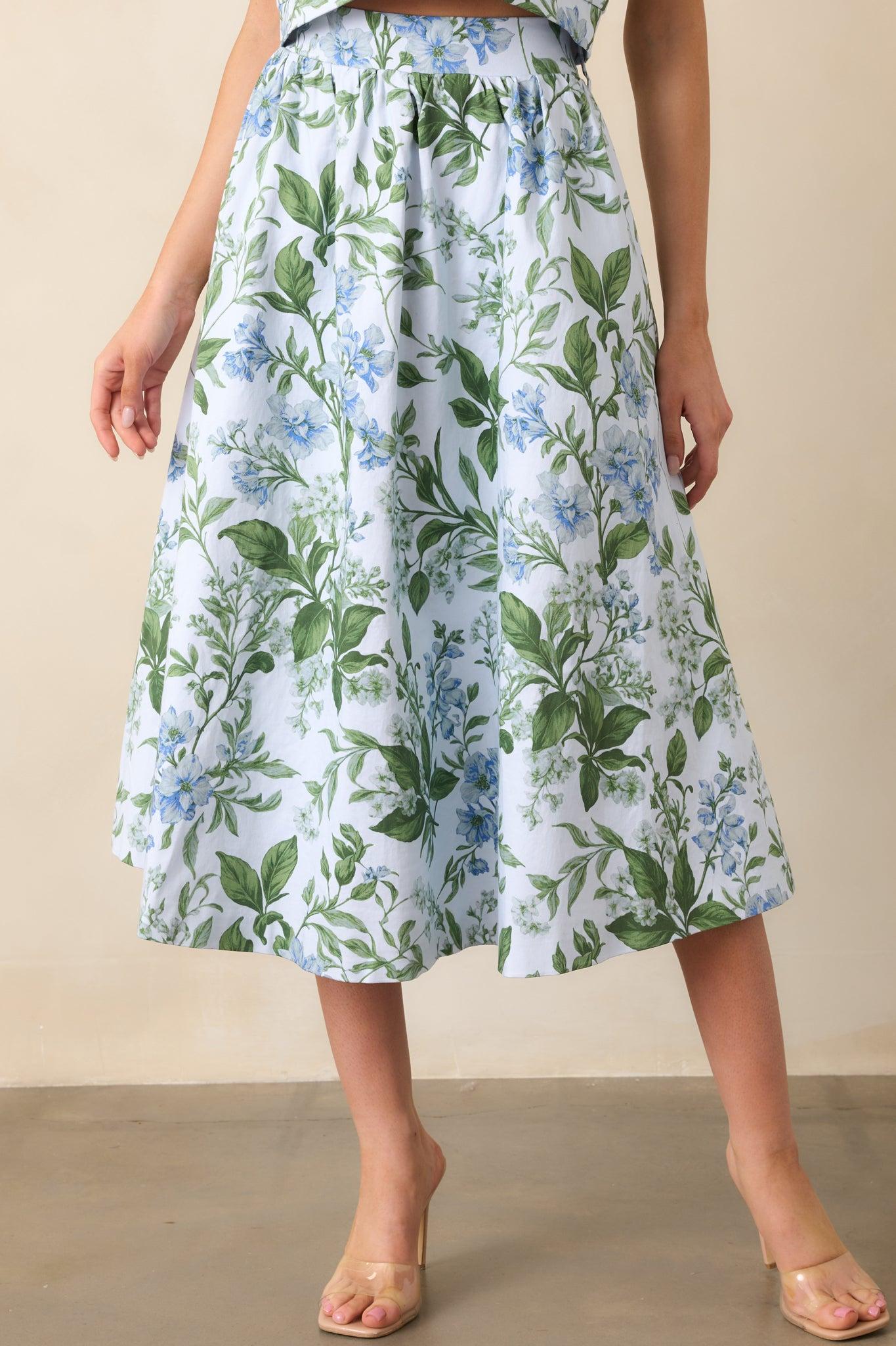 Thena Blue Lilacs Botanical Print Cotton Midi Skirt Product Image