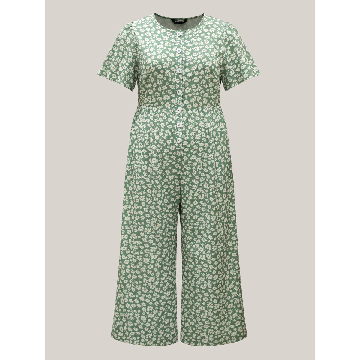 Plus Size Greenbean Floral Print Pockets Wide-Leg Jumpsuit Women Elegant Short sleeve Round Neck Everyday-Elegant Loose Jumpsuits BloomChic 22-24/3X Product Image