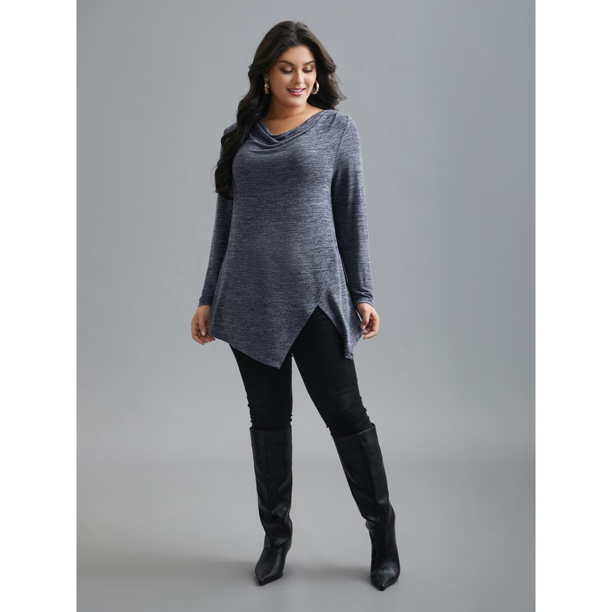 Plus Size Cowl Neck Side Slit Fitted T-Shirt Indigo Women Elegant Overlapping Cowl Neck Everyday T-shirts BloomChic 12/L Product Image