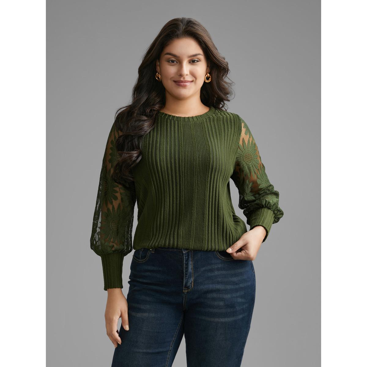 Plus Size Texture Lace Patchwork Mesh T-shirt DarkGreen Women Elegant Texture Round Neck Everyday T-shirts BloomChic 12/L Product Image