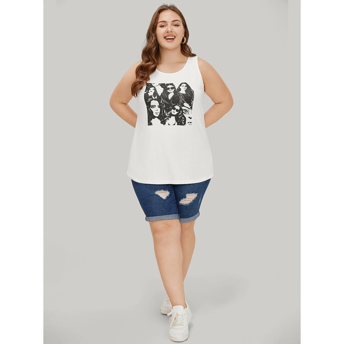 Plus Size Figure Print Sleeveless Tank Top Women White Casual Dailywear Tank Tops Camis BloomChic 28/5X Product Image