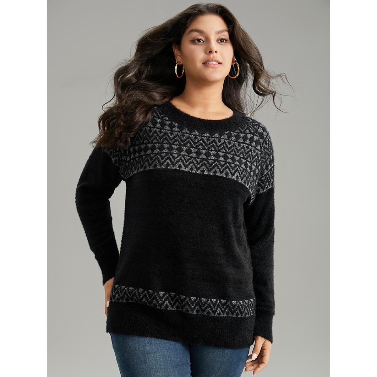 Plus Size Bandana Print Fuzzy Sparkly Pullover Black Women Casual Loose Long Sleeve Round Neck Dailywear Pullovers BloomChic 10/M Product Image