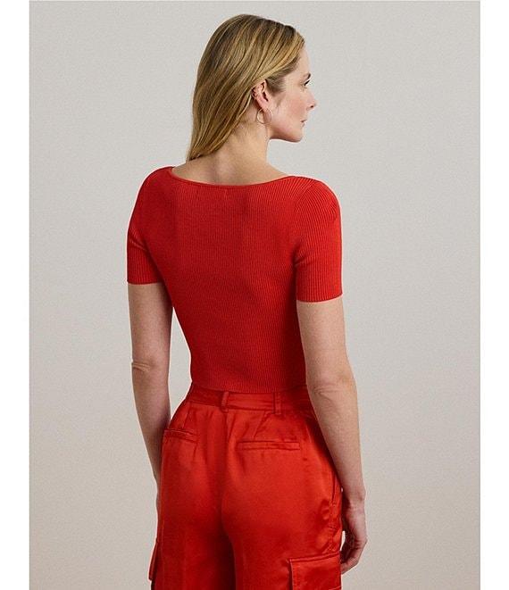 Lauren Ralph Lauren Ribbed Knit Boat Neck Short Sleeve Sweater Top Product Image