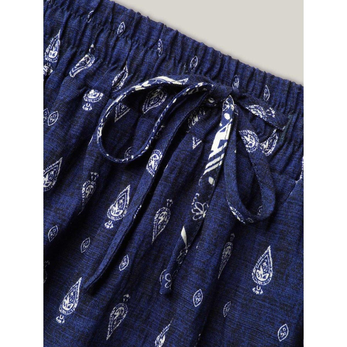 Plus Size Boho Print Pleated Drawstring Midi Skirt Women Indigo Resort Drawstring No stretch Slanted pocket Vacation Skirts BloomChic 18-20/2X Product Image