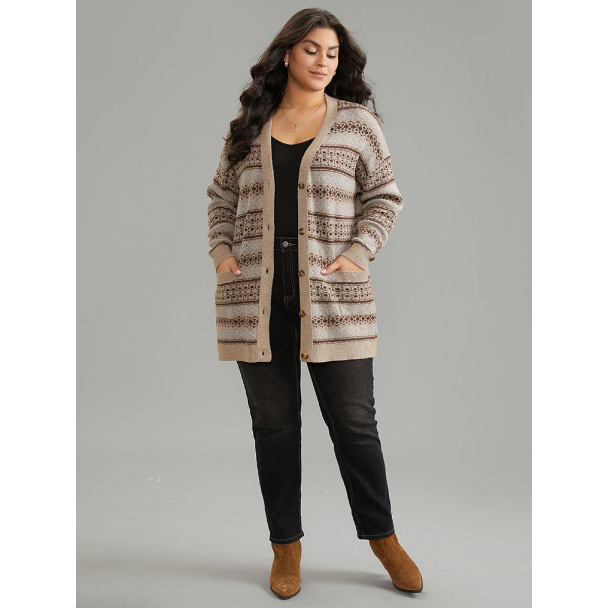 Plus Size Supersoft Essentials Geometric Pocket Jacquard Cardigan Tan Women Casual Loose Long Sleeve Everyday Cardigans BloomChic 14-16/1X Product Image