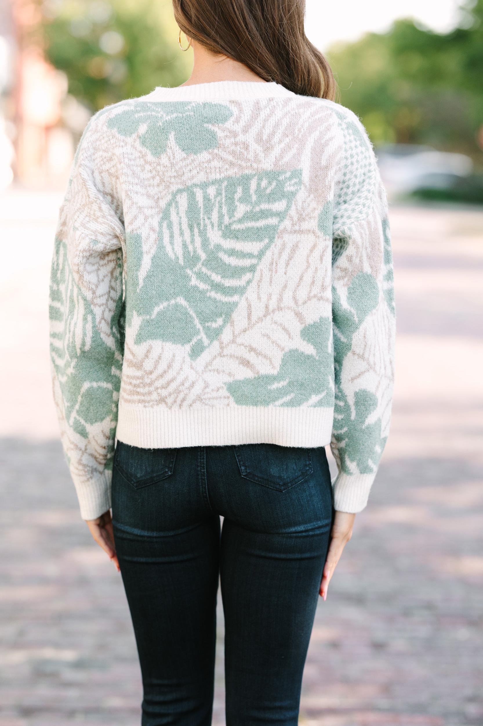 All In Love Sage Green Leaf Print Sweater Female Product Image