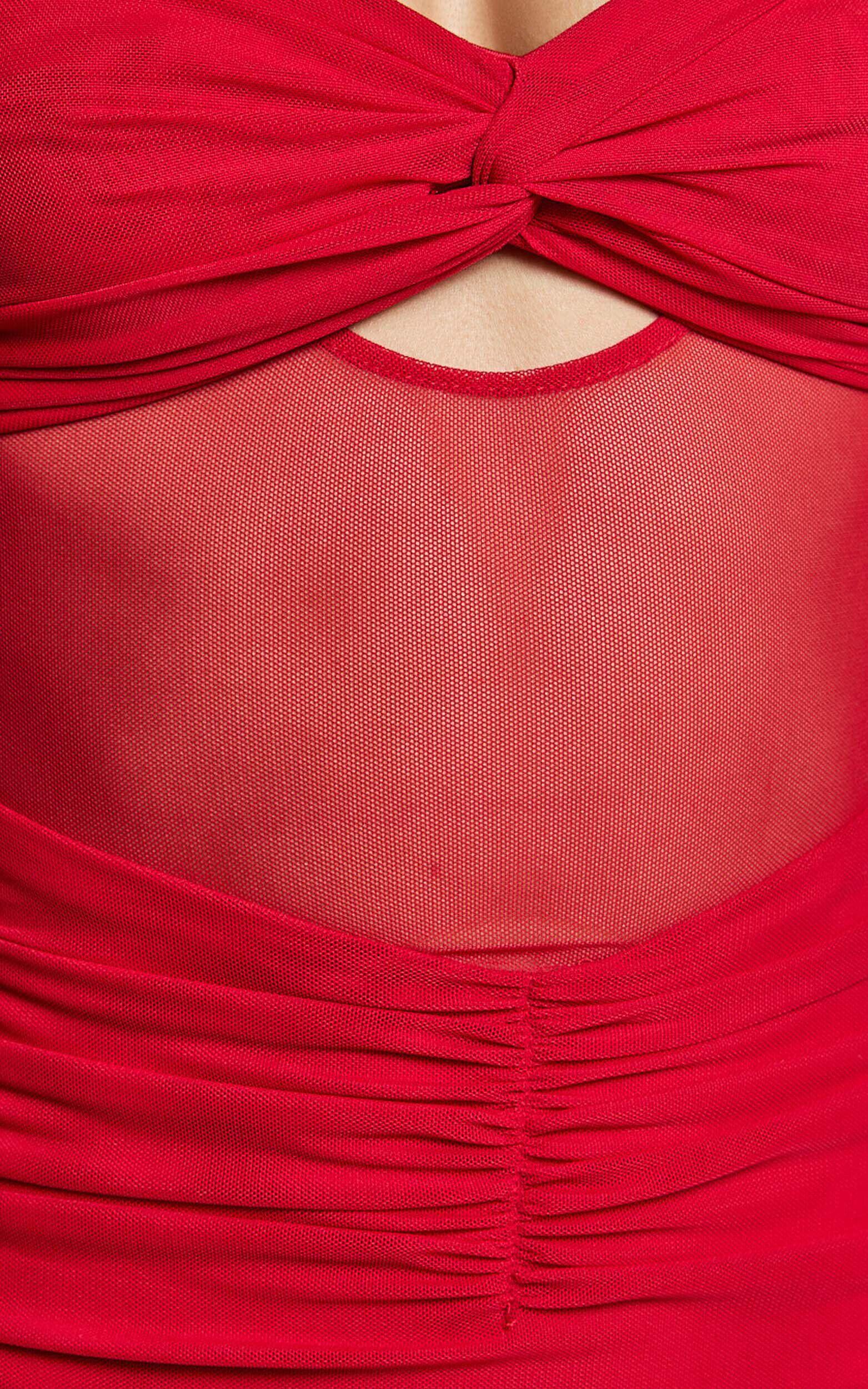 Adalee Midi Dress- Sheer Panel Ruched Bust Dress in Red Product Image