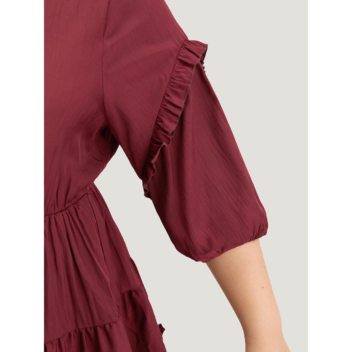 Plus Size Burgundy Plain Frill Trim Layered Hem Lantern Sleeve Blouse Women Elegant Elbow-length sleeve Round Neck Dailywear Blouses BloomChic 22-24/3X Product Image