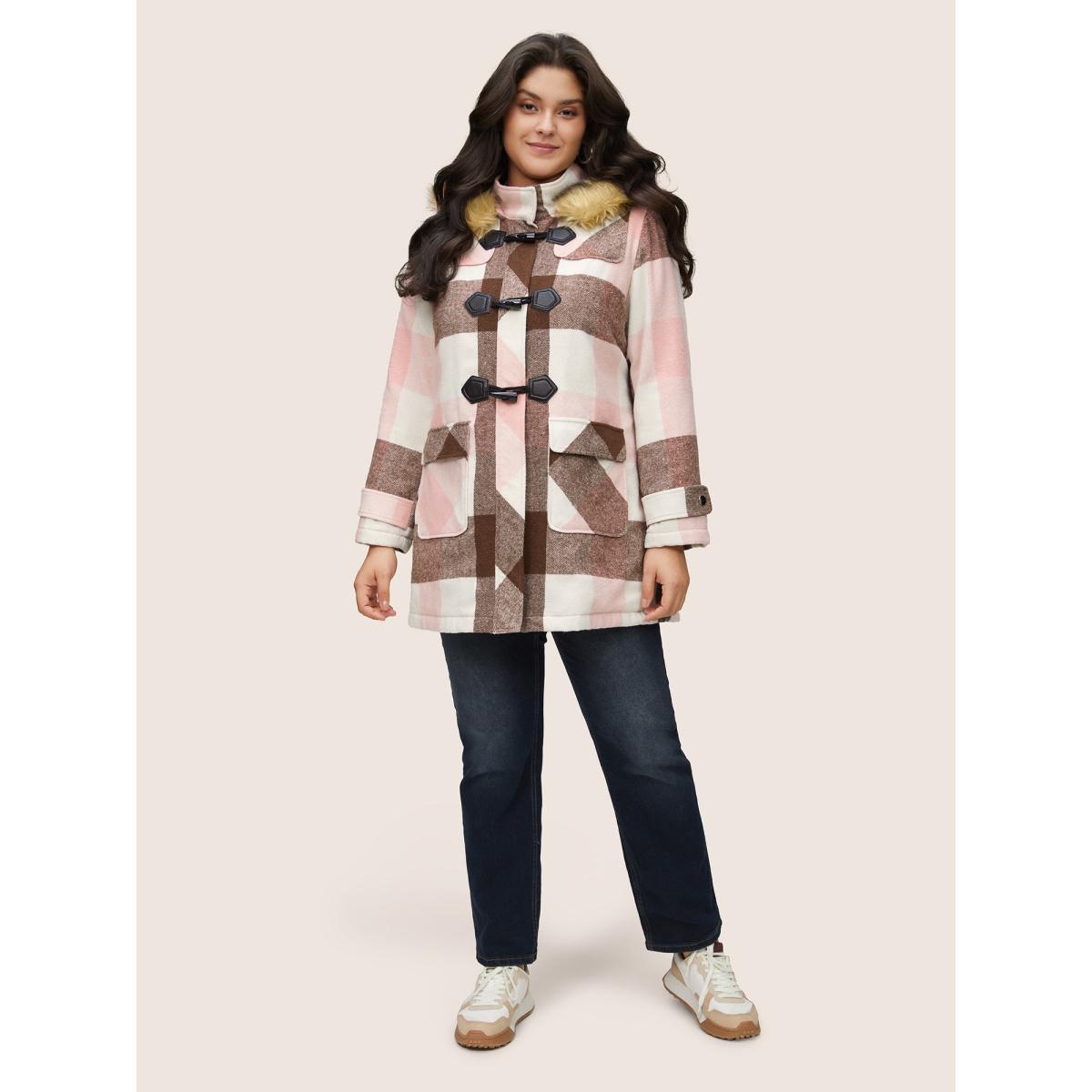 Plus Size Colorblock Contrast Fuzzy Trim Duffle Button Coat Women DustyPink Casual Lined Ladies Dailywear Winter Coats BloomChic 12/L Product Image