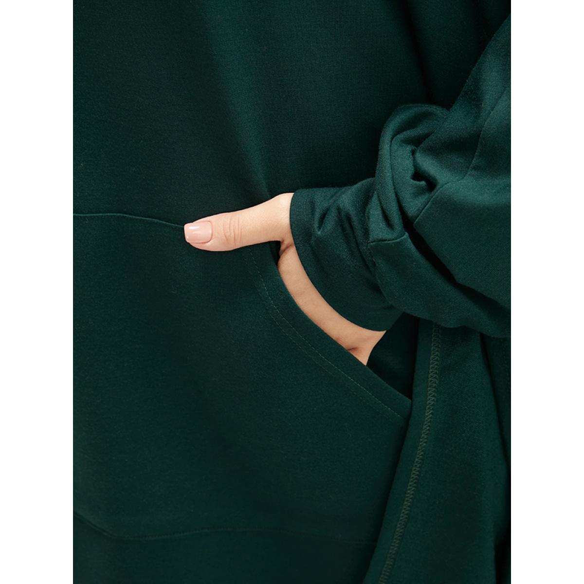 Plus Size Solid Pocket Dolman Sleeve Drawstring Sweatshirt Women DarkGreen Casual Asymmetrical Turtleneck Dailywear Sweatshirts BloomChic 10/M Product Image