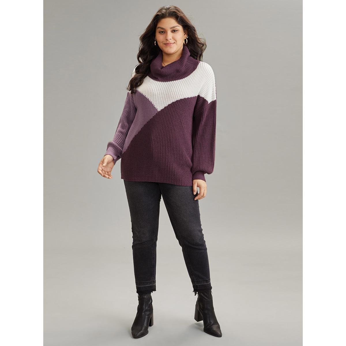 Plus Size Asymmetrical Colorblock Turtle Neck Drop Shoulder Pullover Purple Women Casual Loose Long Sleeve Turtleneck Dailywear Pullovers BloomChic 10/M Product Image