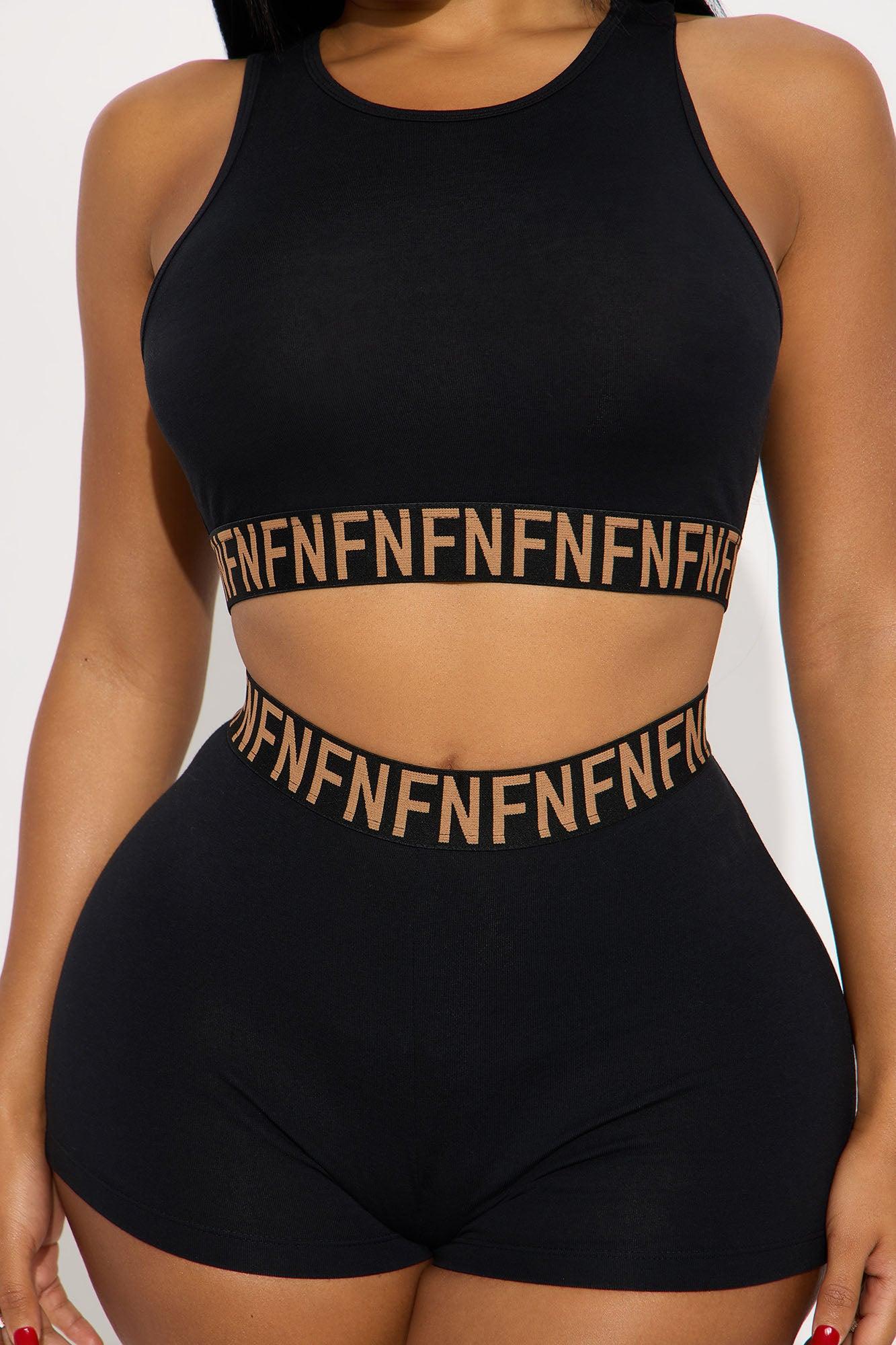 FN Mood High Neck Bra And Short 2 Piece Cotton Set  - Black Female Product Image