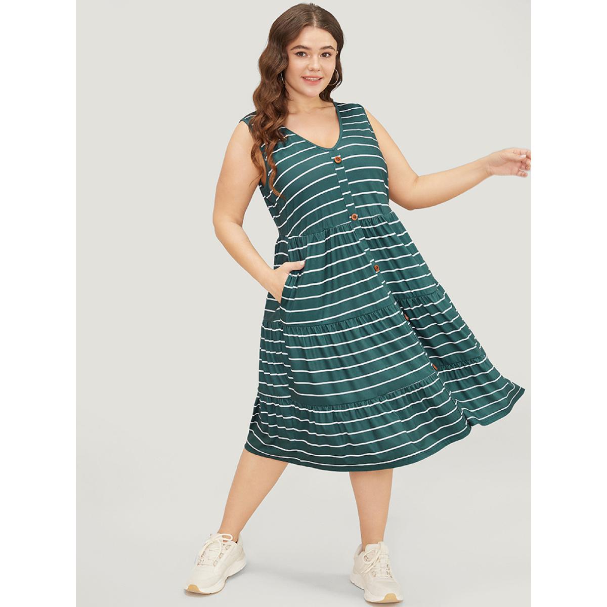 Plus Size Striped Print Button Detail Ruffle Tiered V Neck Tank Dress Cyan Women Casual Contrast V-neck Sleeveless Curvy Midi Dress BloomChic 30/6X Product Image