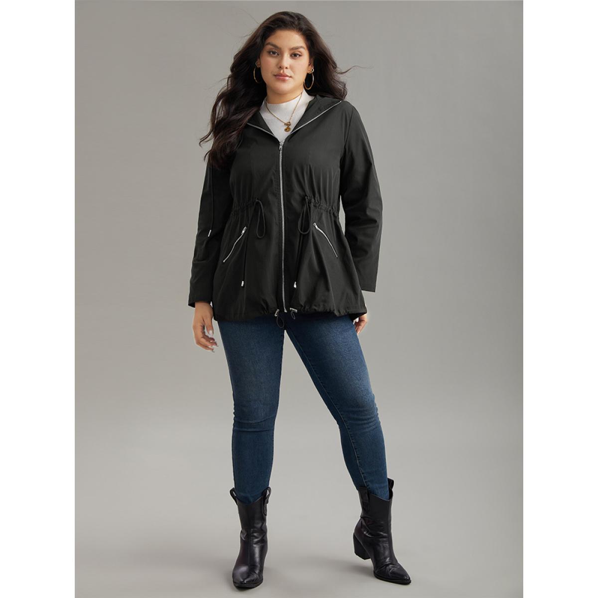 Plus Size Solid Hooded Drawstring Zipper Jacket Women Black Casual Plain Ladies Dailywear Winter Coats BloomChic 10/M Product Image