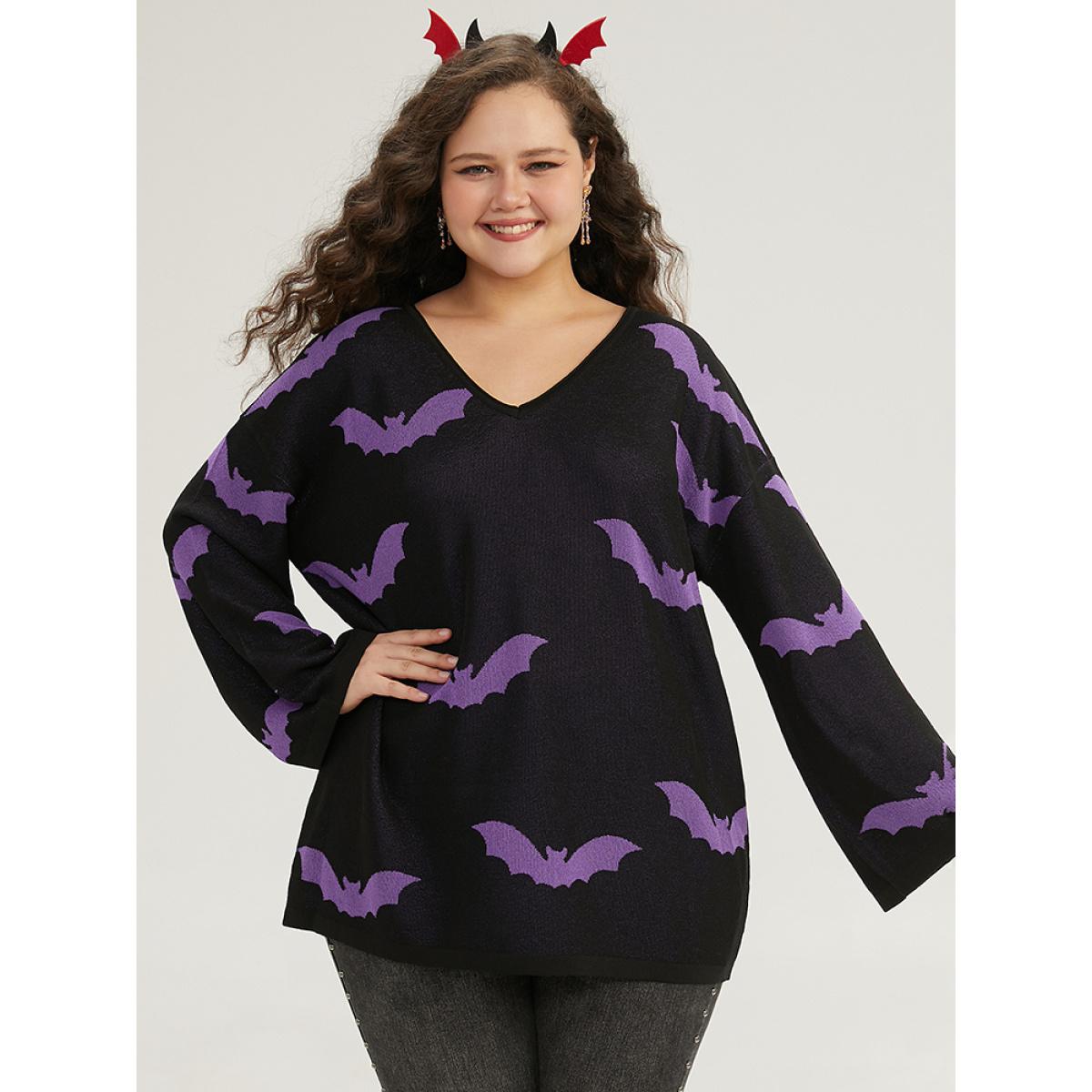 Plus Size Halloween V Neck Bell Sleeve Pullover Mauve Women Playful Loose V-neck Casual Pullovers BloomChic 18-20/2X Product Image