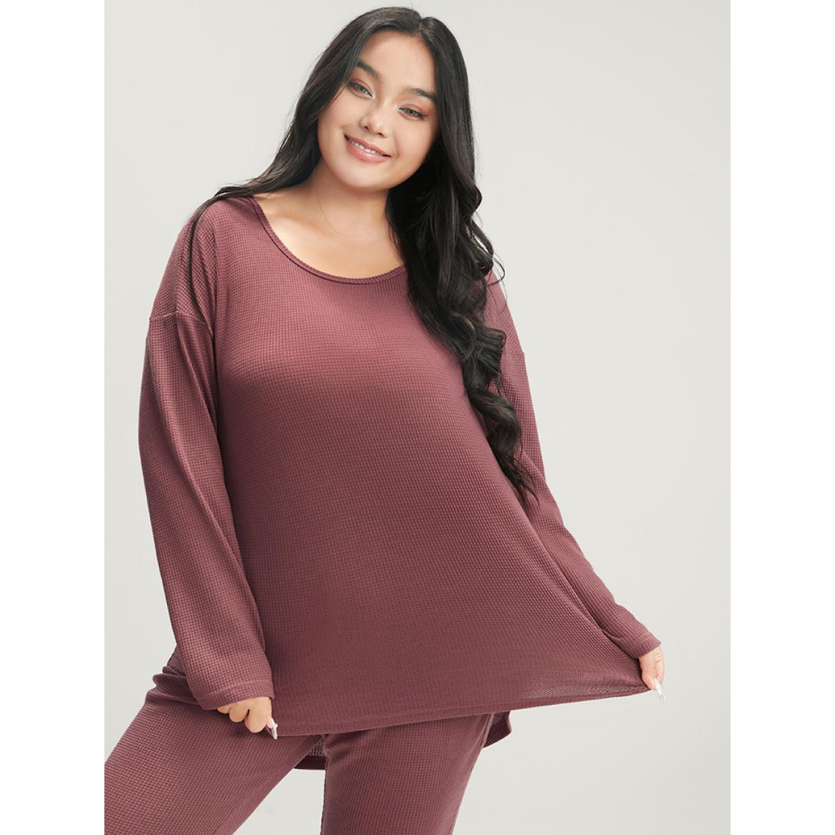 Plus Size Solid Asymmetrical Hem Waffle Knit Pajama Set Women Russet Plain Elastic Waist Long Sleeve Round Neck Casual Loungewear Sets BloomChic 14-16/1X Product Image