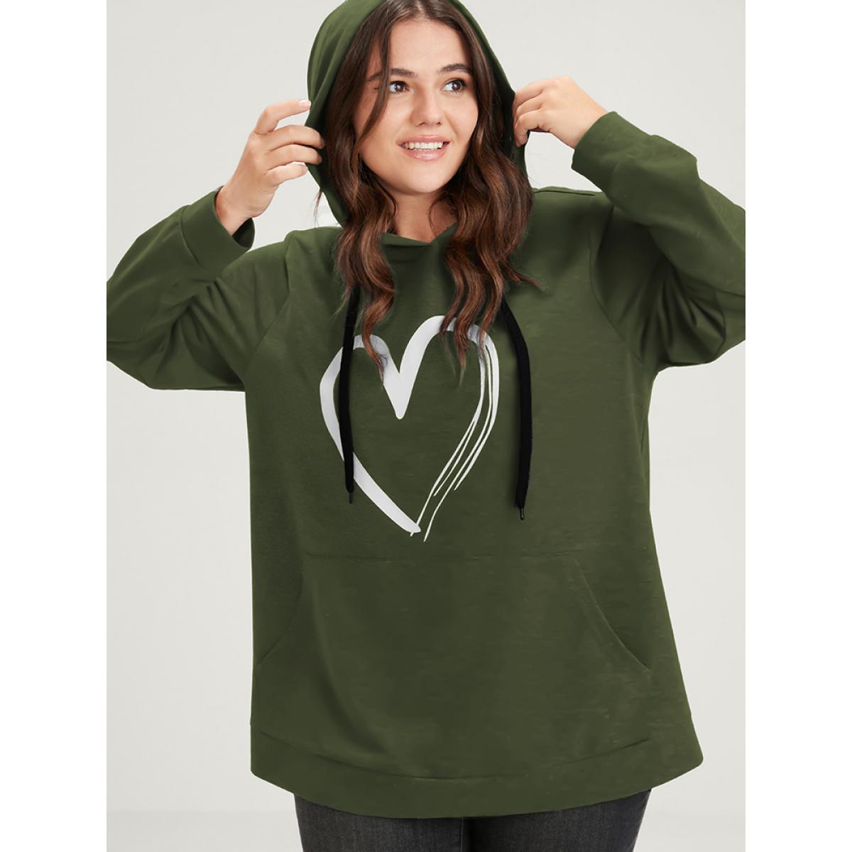 Plus Size Heart Print Drop Shoulder Pocket Drawstring Hooded Sweatshirt Women ArmyGreen Casual Plain Hooded Dailywear Sweatshirts BloomChic 26/4X Product Image