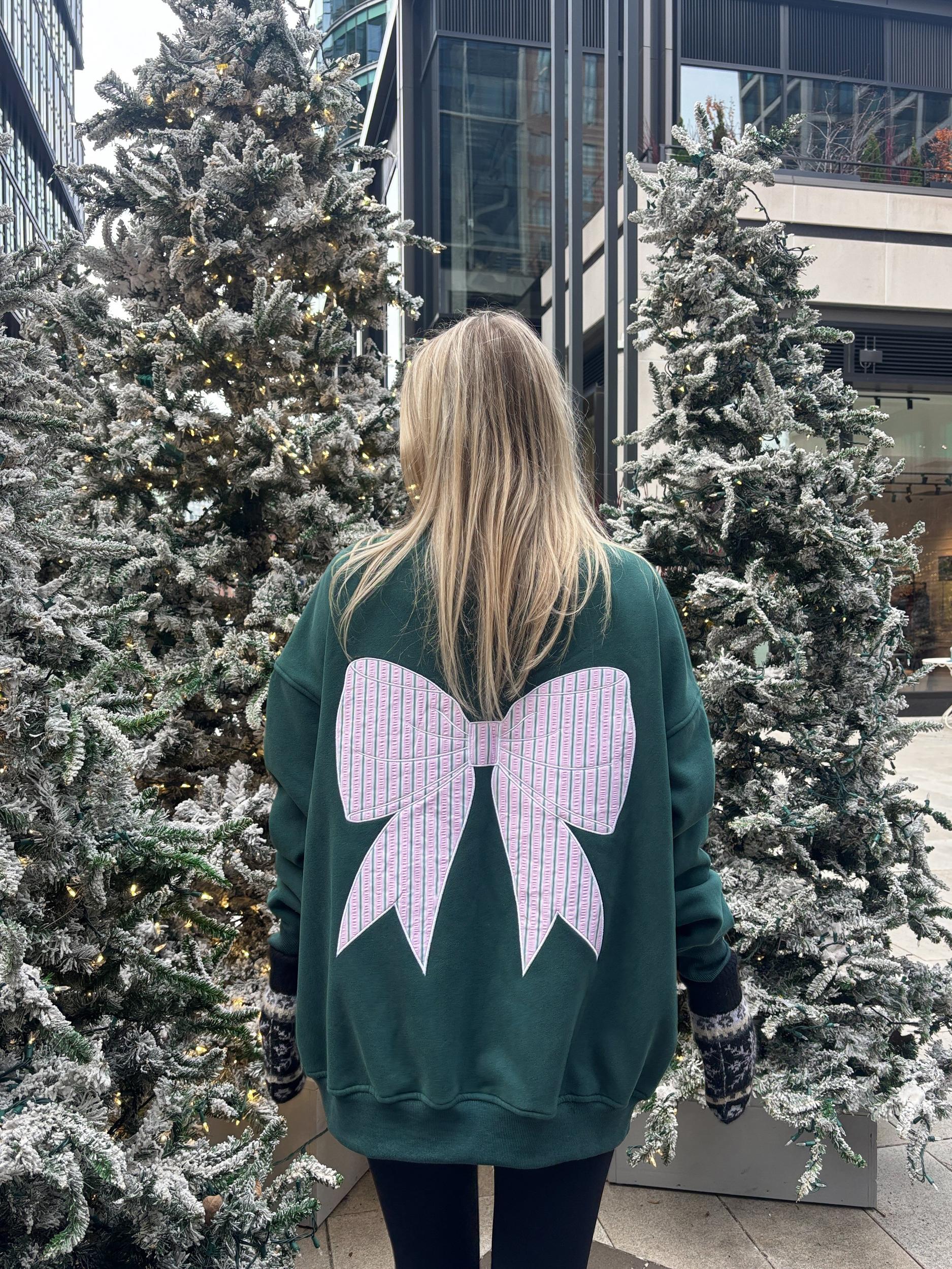 Winter Green Striped Bow Embroider Sweatshirt Product Image