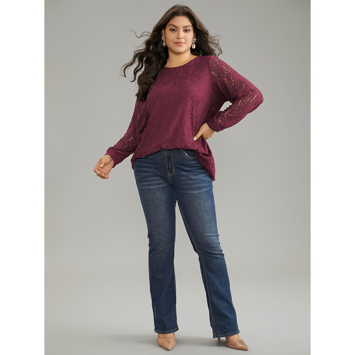 Plus Size Purple Solid Crochet Lace Mesh Crew Neck Blouse Women Timeless Long Sleeve Round Neck Elegant Blouses BloomChic 22-24/3X Product Image