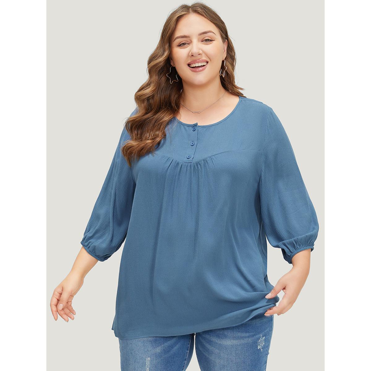 Plus Size Stone Plain Button Up Gathered Lantern Sleeve Blouse Women Elegant Elbow-length sleeve Round Neck Dailywear Blouses BloomChic 14-16/1X Product Image