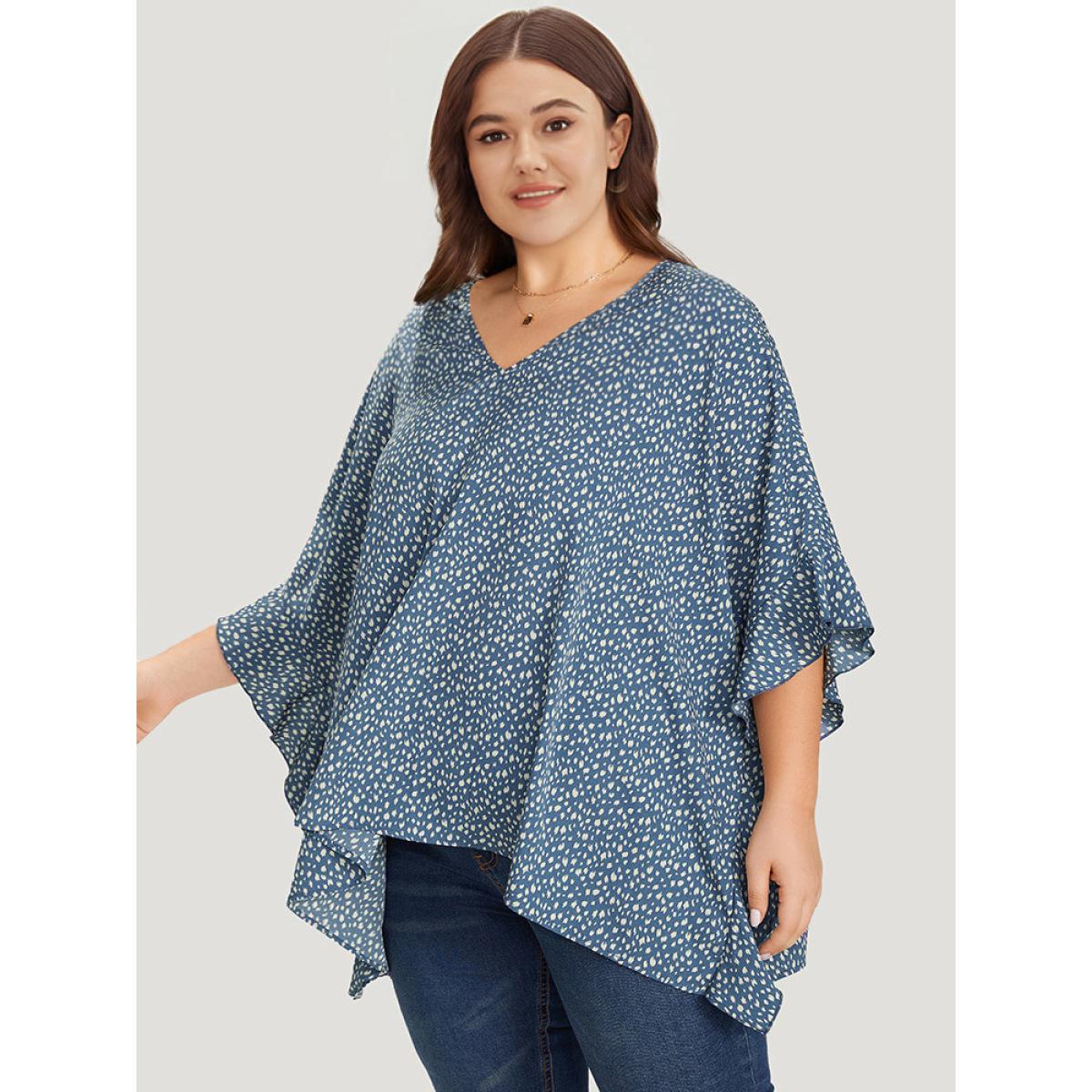 Plus Size Stone Leopard Print Ruffle Trim Asymmetrical Hem Batwing Sleeve Blouse Women Elegant Half Sleeve V-neck Dailywear Blouses BloomChic 10/M Product Image