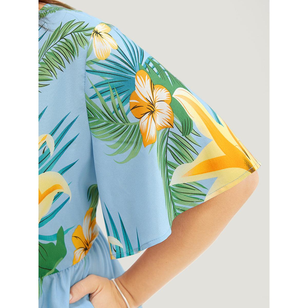 Plus Size Tropical Print Ruffle Sleeve Wrap Pocket Midi Dress LightBlue Women Elegant Elastic Waist V-neck Short sleeve Curvy Midi Dress BloomChic 14-16/1X Product Image