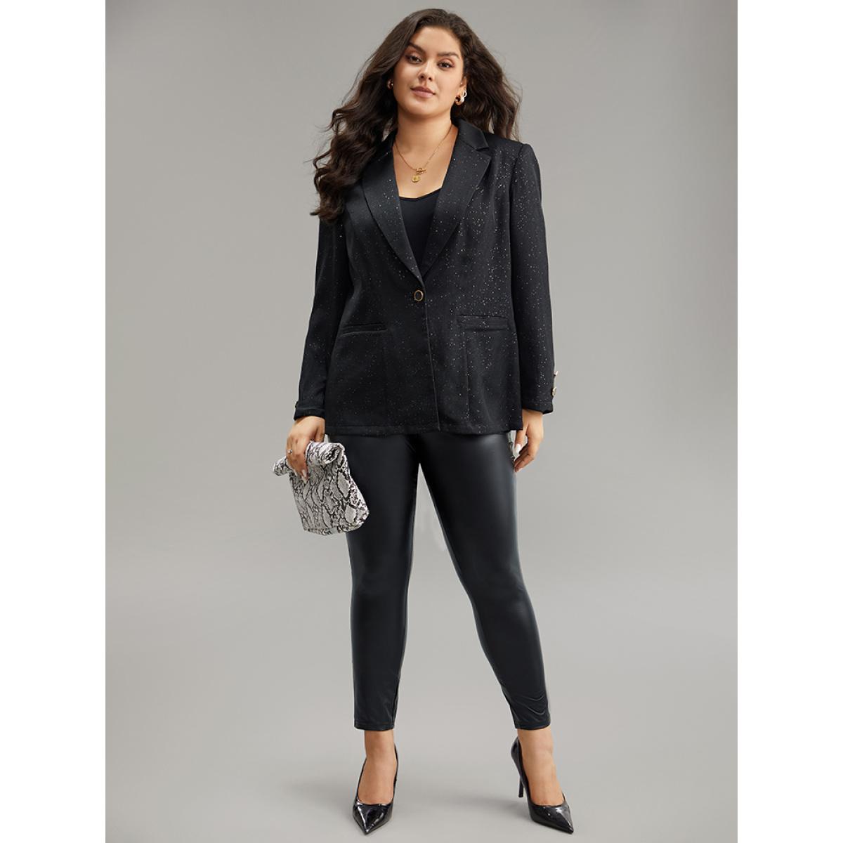Plus Size Glitter Suit Collar Button Detail Blazer Black Women Work Plain Plain Sleeve Long Sleeve Suit Collar 22-24/3X Pocket At the Office Blazers BloomChic Product Image