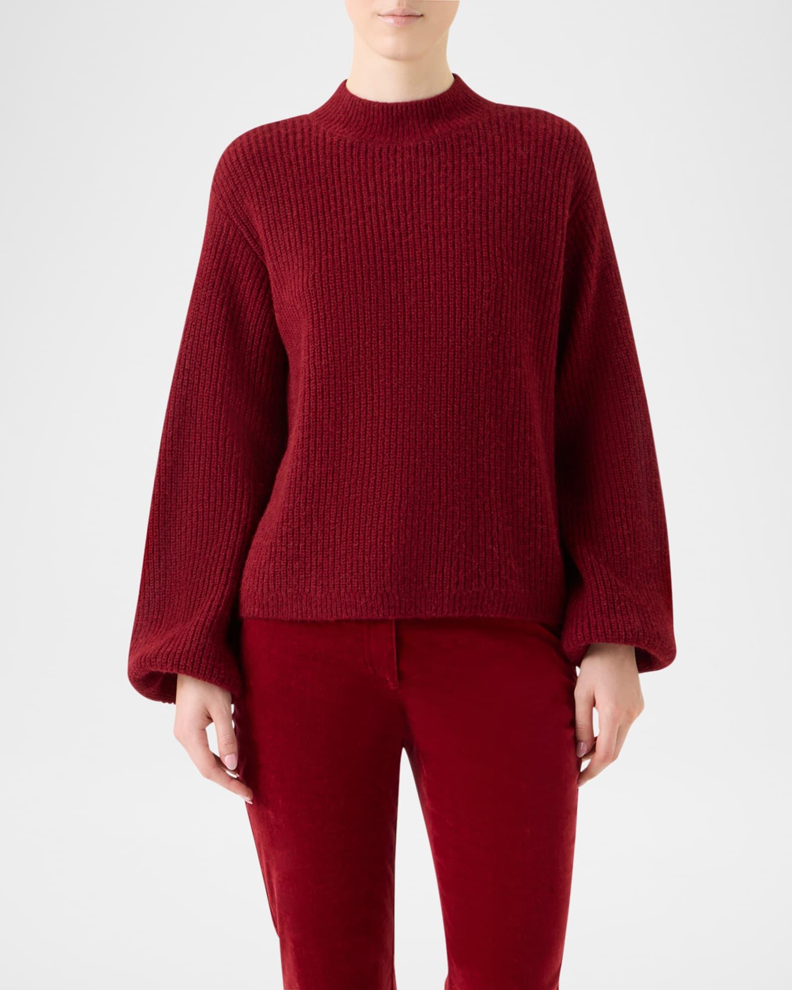 Mock-Neck Blouson-Sleeve Alpaca Wool Rib Sweater Product Image