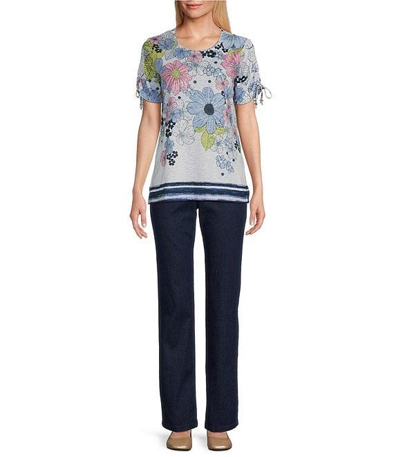 Allison Daley Petite Size Daisy Cascade Border Print Short Ruched Tie Sleeve Crew Neck Knit Top Product Image