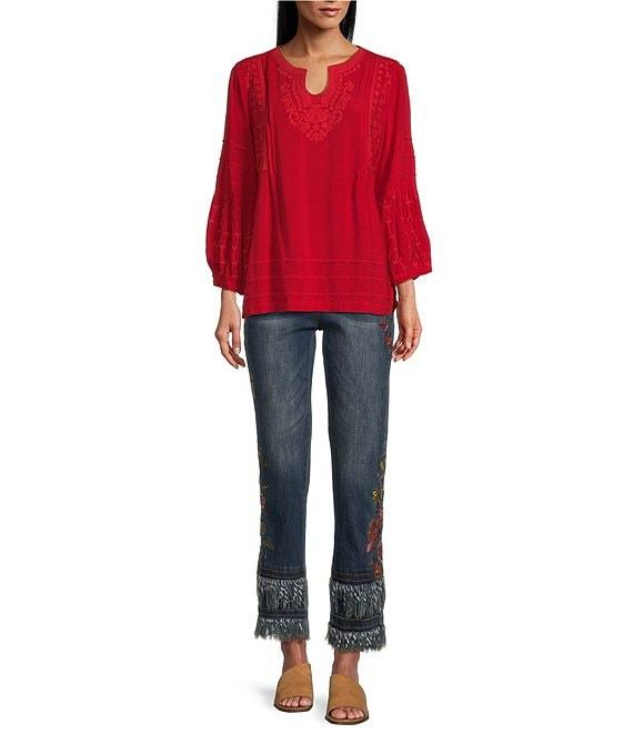 John Mark Embroidered Split Round Neck 3/4 Sleeve Tunic Top Product Image