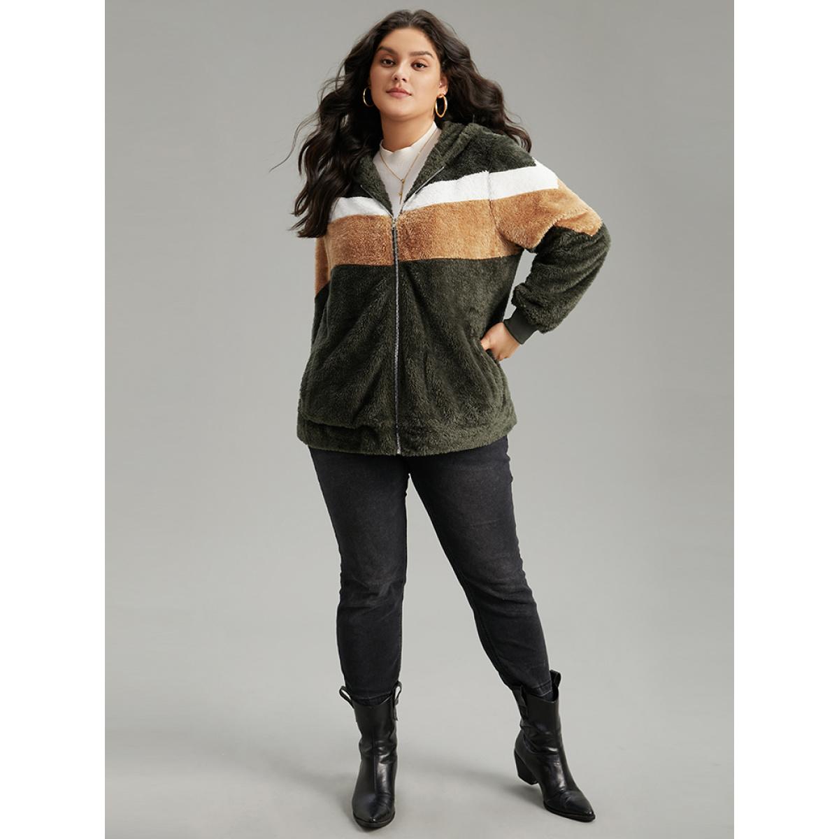 Plus Size Colorblock Contrast Fuzzy Zipper Jacket Women ArmyGreen Elastic cuffs Pocket Everyday Jackets BloomChic 14-16/1X Product Image