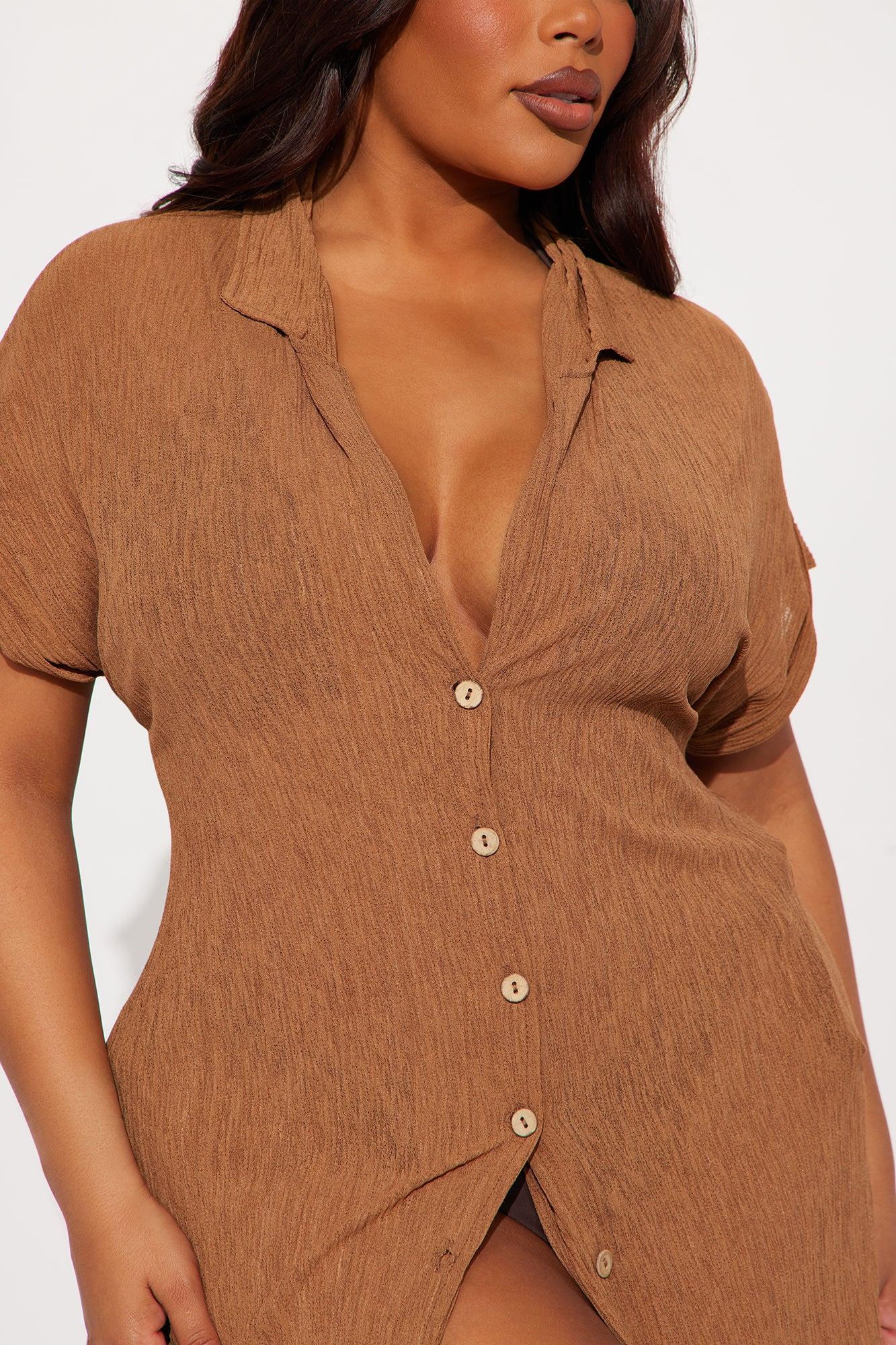 Summer Breeze Button Up Plisse Cover Up Shirt Dress- Mocha Product Image