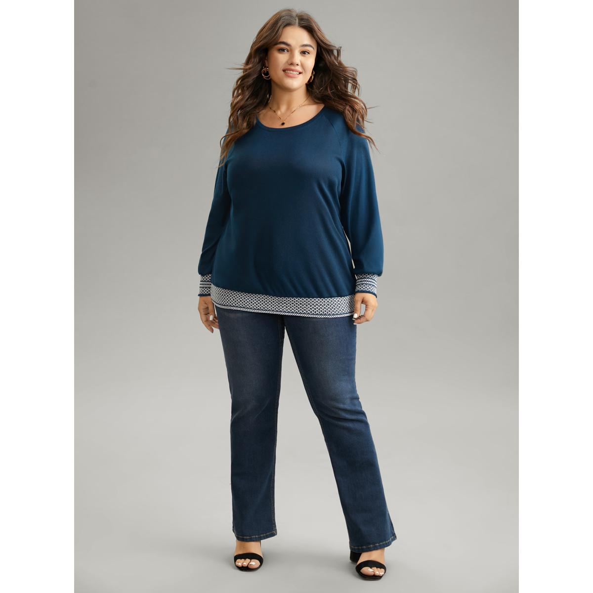 Plus Size Round Neck Shirred Contrast Raglan Sleeve T-shirt Indigo Women Elegant Contrast Plain Round Neck Dailywear T-shirts BloomChic 14-16/1X Product Image