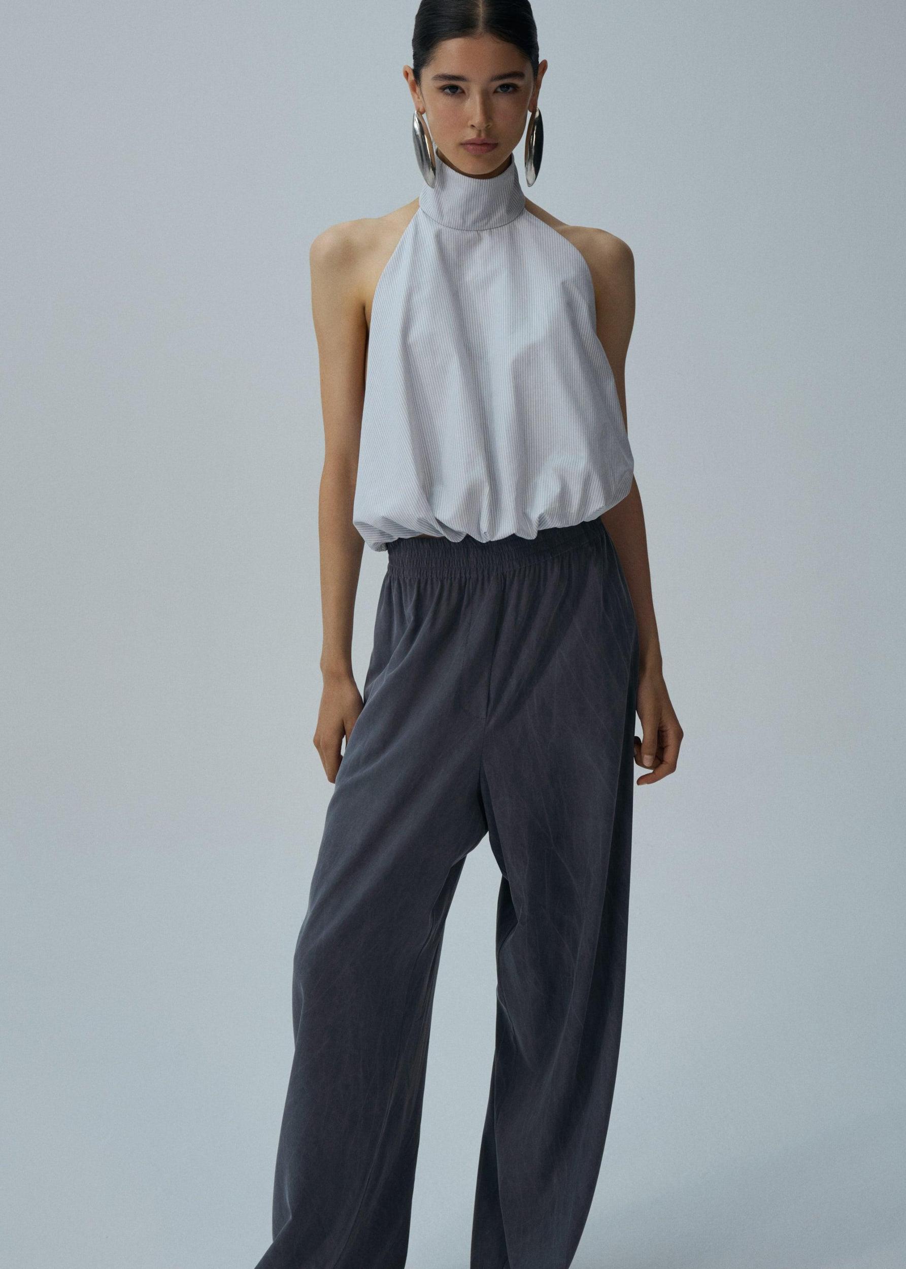 Handkerchief top in grey stripes Product Image