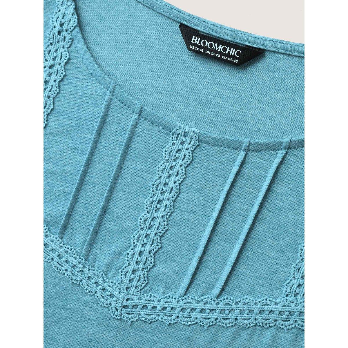Plus Size Lace Toothpick Pleat Solid Top Turquoise Women Tucked seam Round Neck Everyday-Casual T-shirts BloomChic 10/M Product Image