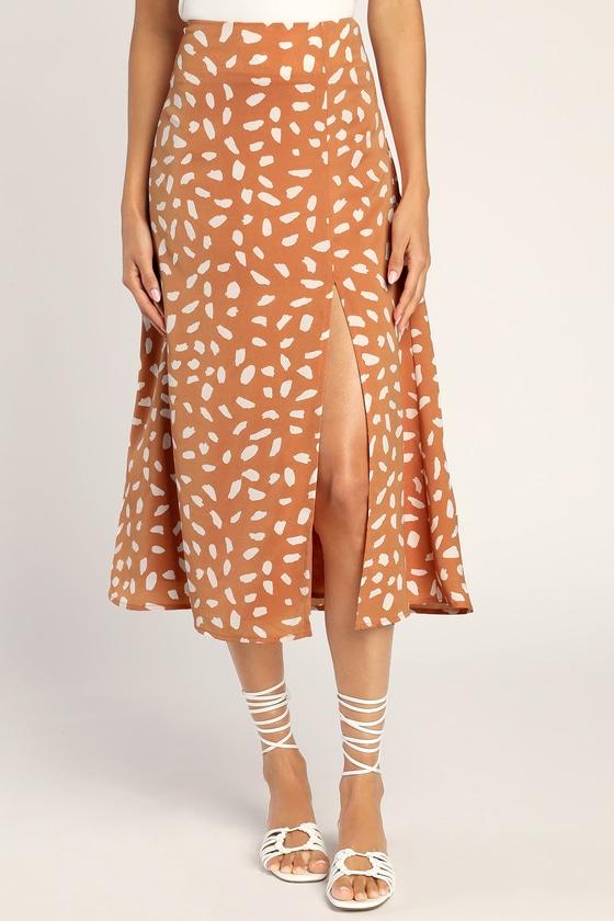 Getting Glam Peach Print Slit Midi Skirt Product Image