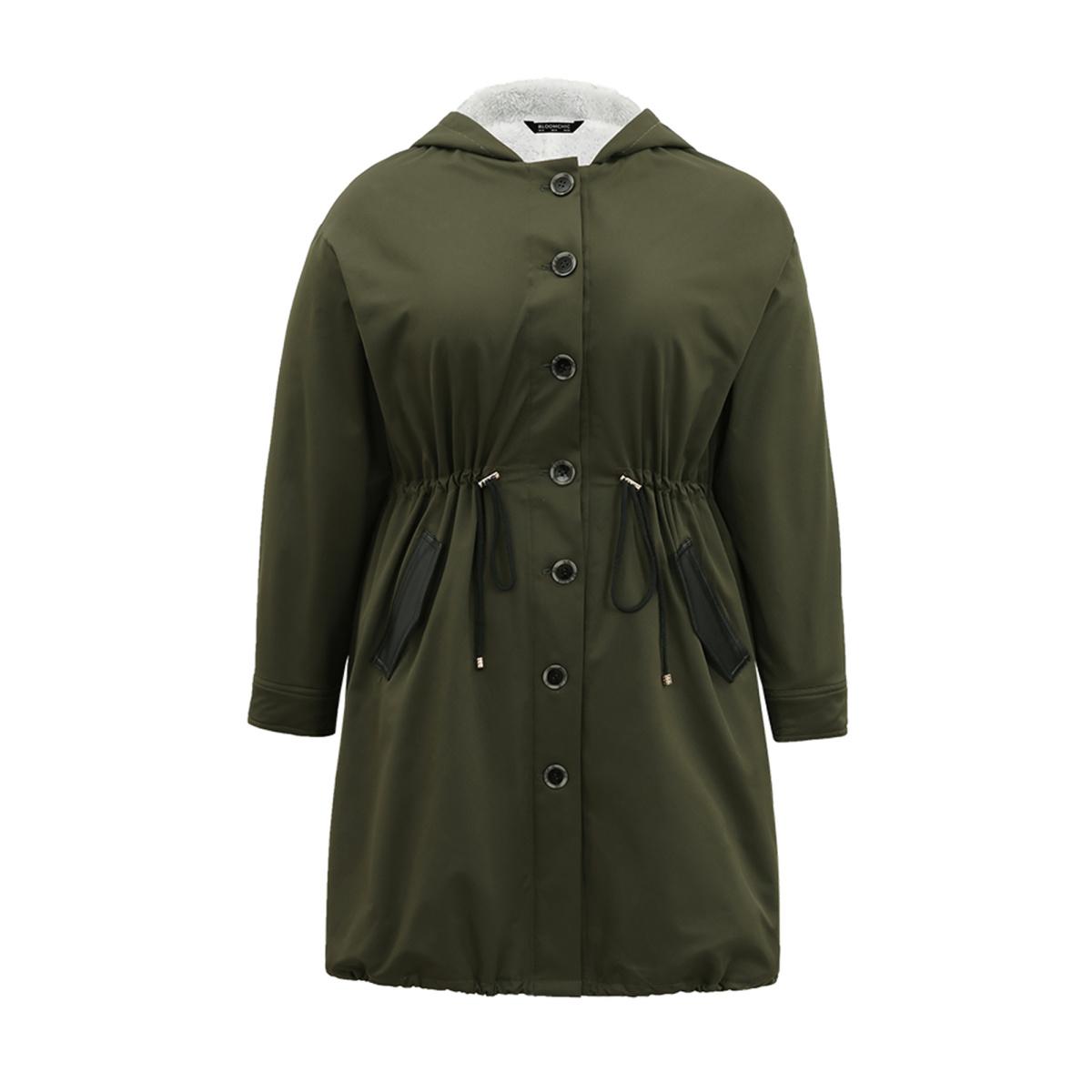 Plus Size Patchwork Fuzzy PU Leather Drawstring Coat Women ArmyGreen Casual Contrast Ladies Dailywear Winter Coats BloomChic 22-24/3X Product Image