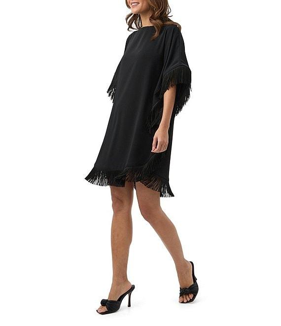 Trina Turk Neena Georgette Boat Neck Short Dolman Sleeve Fringe Caftan Mini Dress Product Image