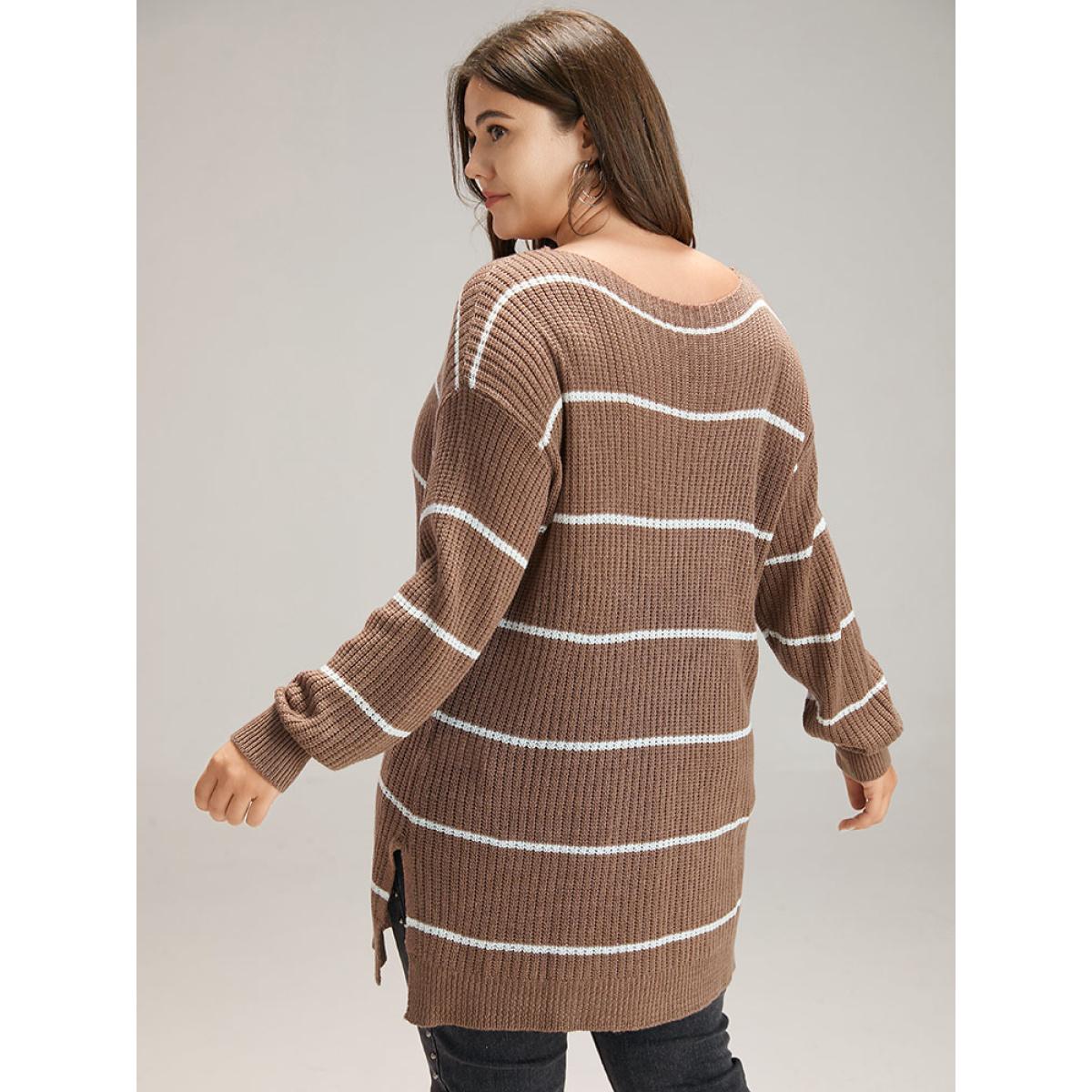 Plus Size Supersoft Essentials Striped V Neck Split Hem Pullover Russet Women Casual Loose Long Sleeve V-neck Dailywear Pullovers BloomChic 14-16/1X Product Image