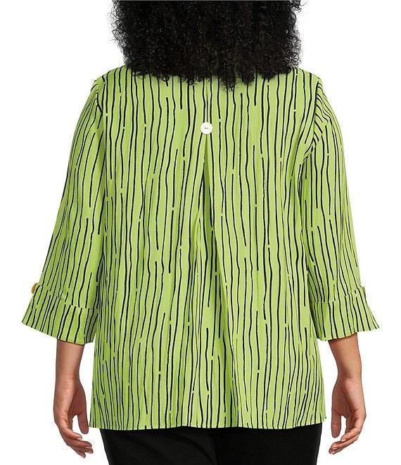 Ali Miles Plus Size Crinkle Woven Abstract Stripe Wire Collar 3/4 Sleeve Button-Front Tunic Product Image