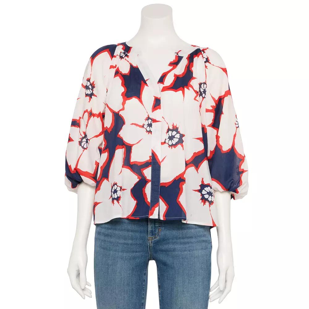 Women's Sonoma Goods For Life® Adaptive Shirred Balloon Sleeve Top, Size: Medium, Blue Brush Floral Product Image