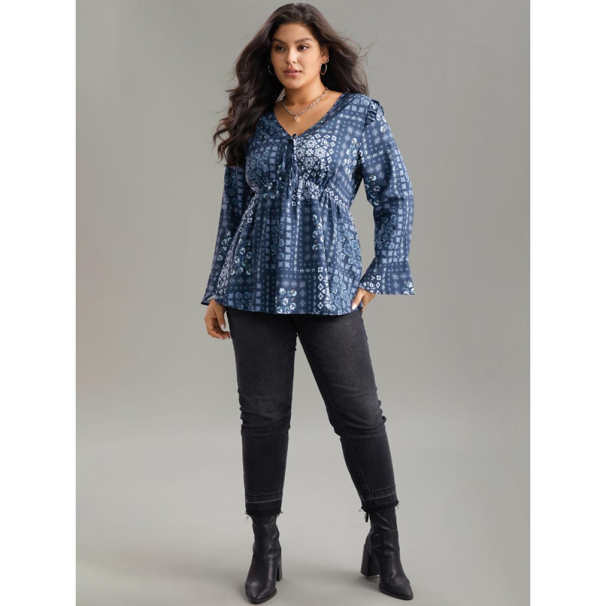 Plus Size Stone Bandana Print Bowknot Frill Trim Blouse Women Elegant Long Sleeve V-neck Dailywear Blouses BloomChic 26/4X Product Image