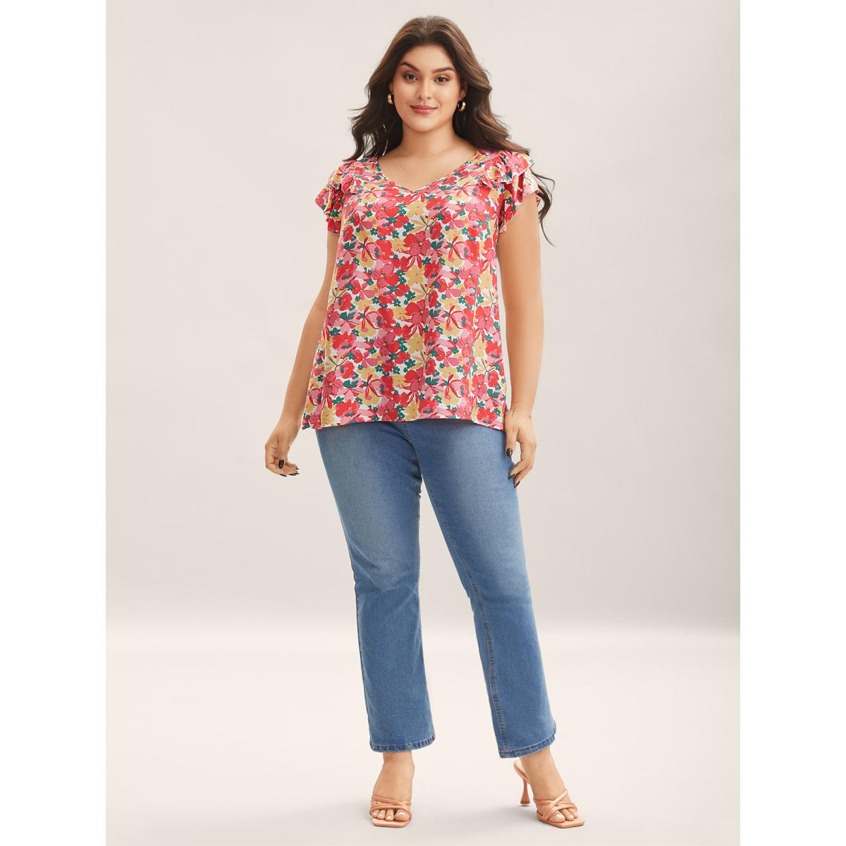 Plus Size Crimson Ruffled Bright Floral Print Blouse Women Cap Sleeve V-neck Elegant Blouses BloomChic 14-16/1X Product Image