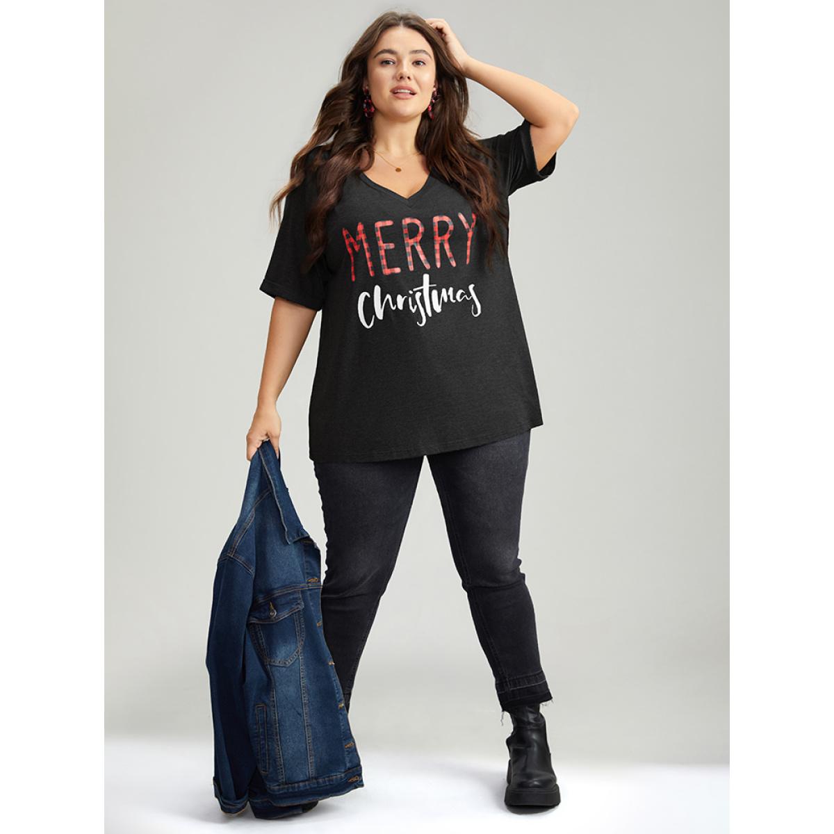 Plus Size Christmas Gingham Patchwork V Neck T-shirt Black Women Casual Printed Christmas Festival-Christmas T-shirts BloomChic 12/L Product Image