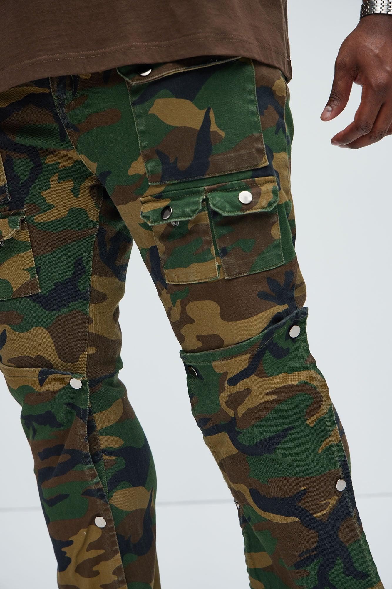 Utility Snap Pockets Slim Flare Pants - Camouflage Product Image