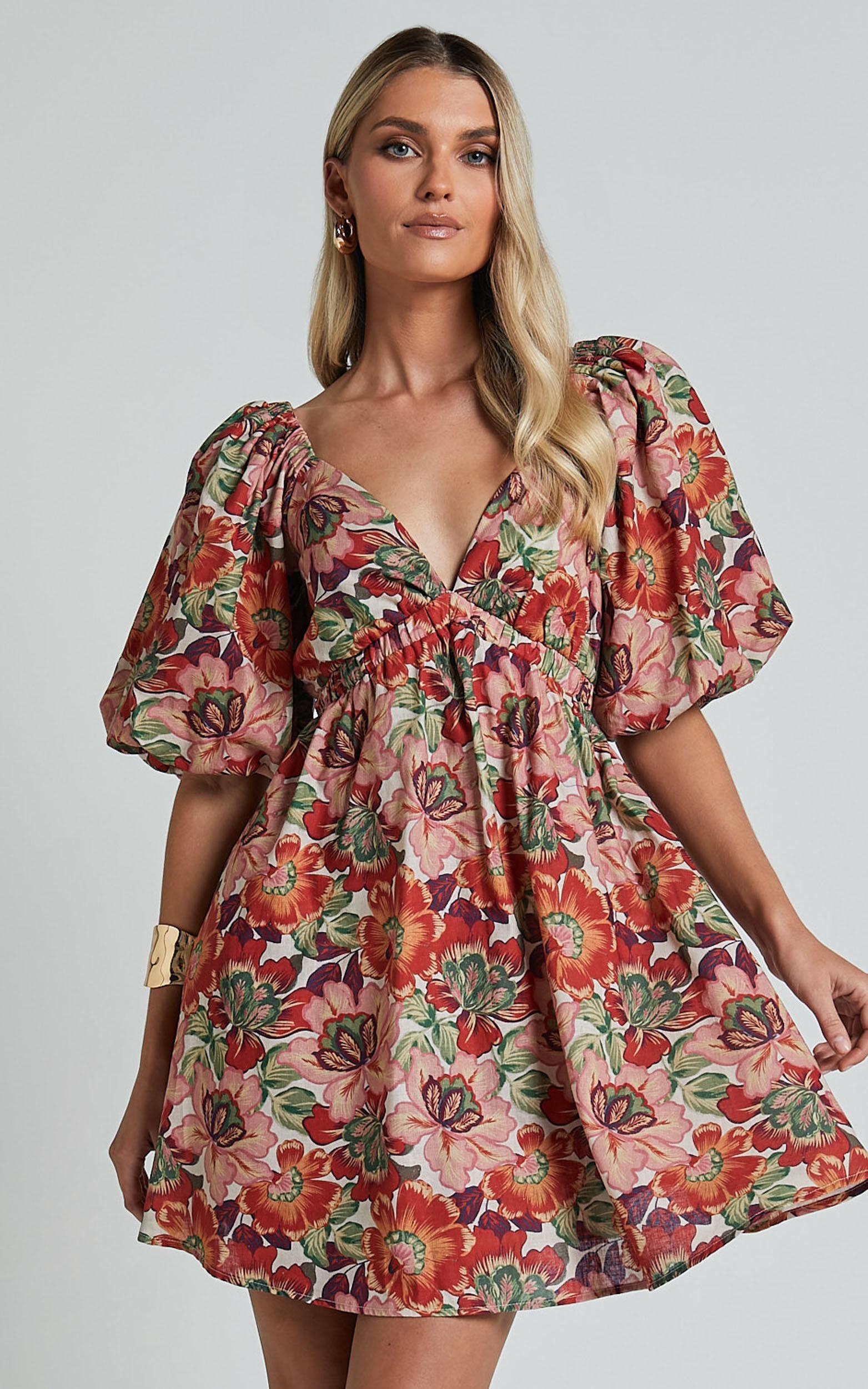 Amalie The Label - Loleta Linen Blend Short Balloon Sleeve Low Back Mini Dress in Musee Print Product Image
