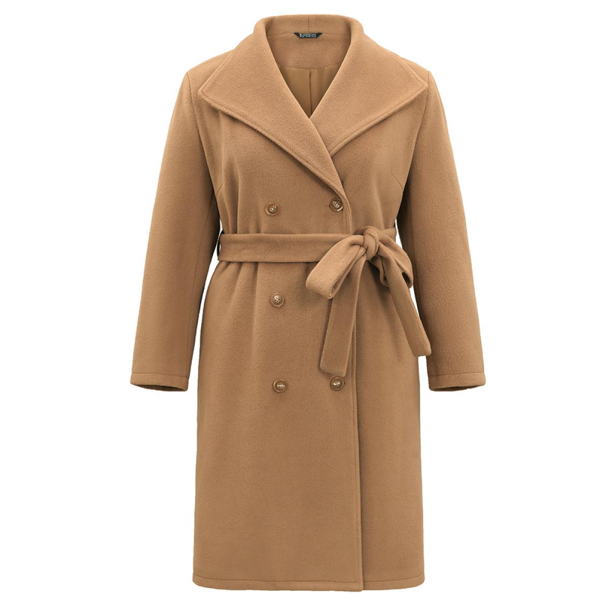 Plus Size Double Breasted Plain Belted Pocket Lapel Collar Coat Women Tan Casual Lined Ladies Dailywear Winter Coats BloomChic 28/5X Product Image