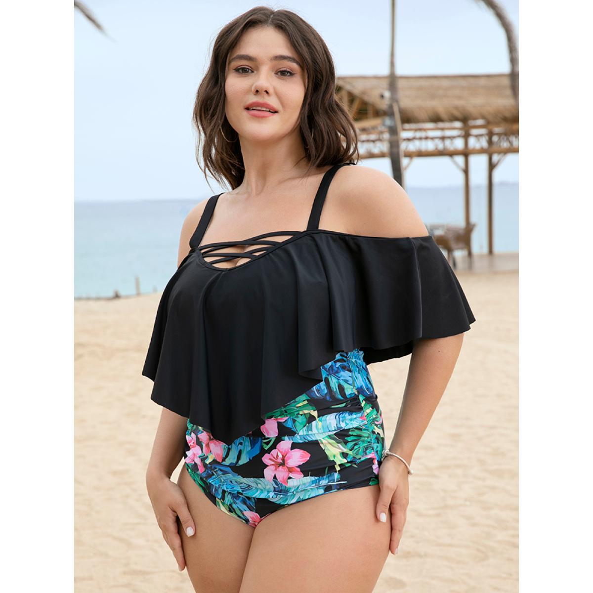 Plus Size Floral Patchwork Crisscross Cold Shoulder Asymmetrical One Piece Swimsuit Women's Swimwear BlackFlower Adjustable Straps Curve Bathing Suits High stretch One Pieces BloomChic 28/5X Product Image